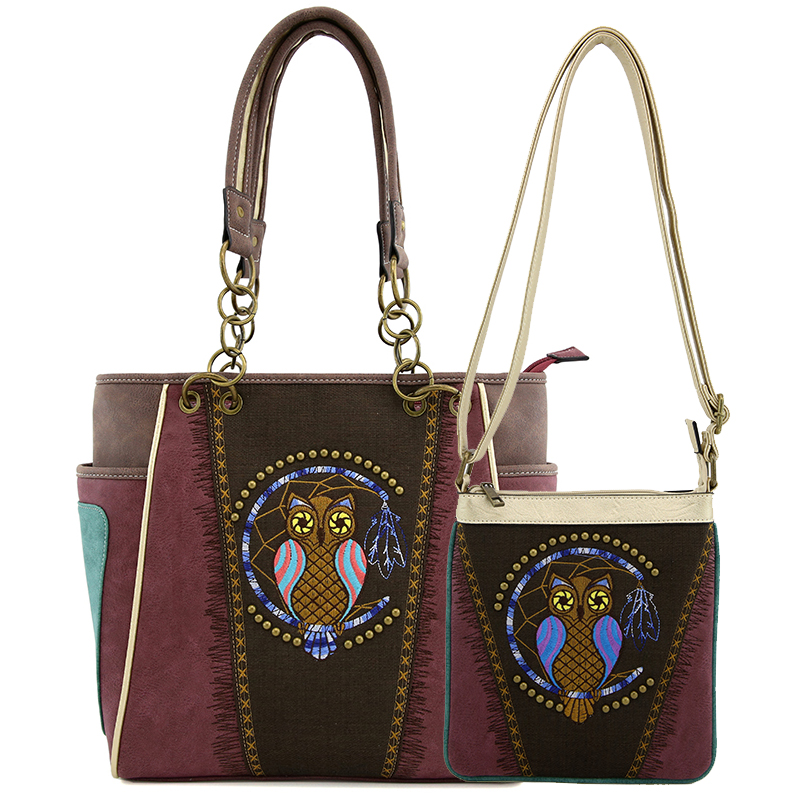 Classic Western Owl Embroider Conceal Tote Bag Set - PTF17584 - Click Image to Close